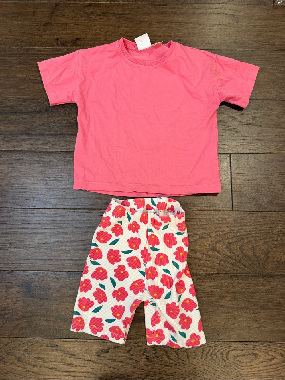 Zara Girls Pink Floral Casual T-Shirt & Biker Shorts Set Size 3T - C1-S